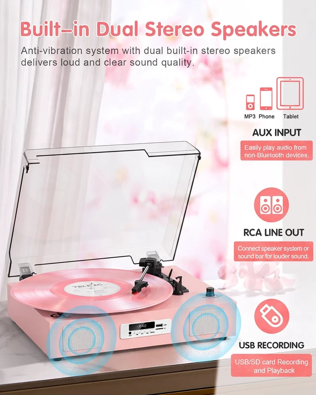Alt view image 3 of 7 - Vinyl Record Player Stereo Turntable Bluetooth with Enhanced Speakers,USB Recording, Belt-Drive Vintage Portable 3-Speed Vinyl LP Player with RCA Output/Auto-Stop, Pink