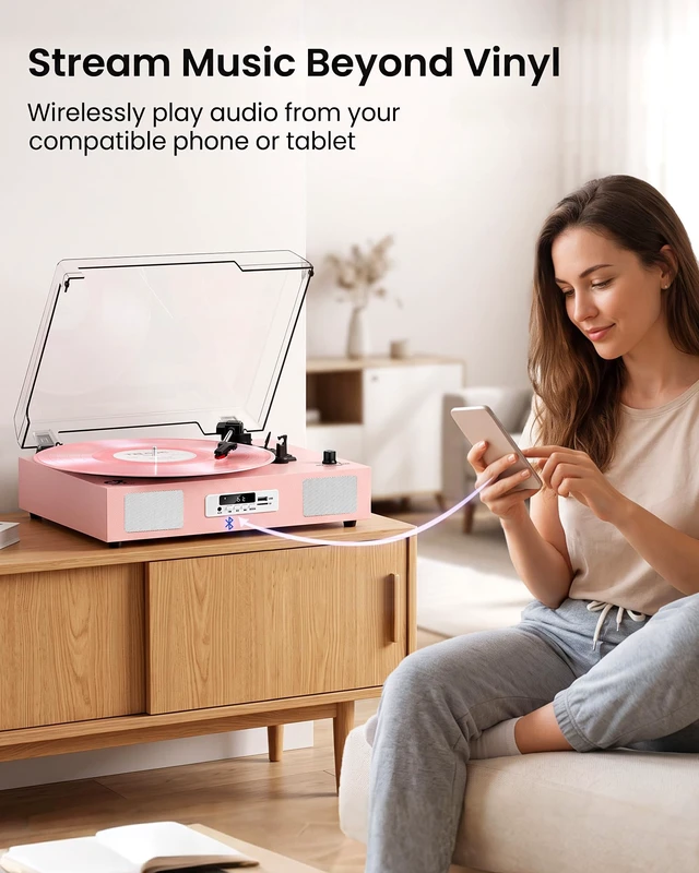 Alt view image 5 of 7 - Vinyl Record Player Stereo Turntable Bluetooth with Enhanced Speakers,USB Recording, Belt-Drive Vintage Portable 3-Speed Vinyl LP Player with RCA Output/Auto-Stop, Pink