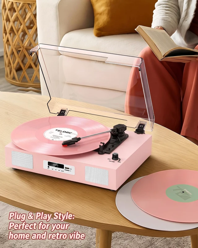 Alt view image 2 of 7 - Vinyl Record Player Stereo Turntable Bluetooth with Enhanced Speakers,USB Recording, Belt-Drive Vintage Portable 3-Speed Vinyl LP Player with RCA Output/Auto-Stop, Pink