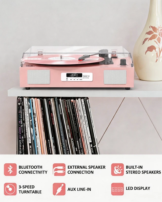 Alt view image 4 of 7 - Vinyl Record Player Stereo Turntable Bluetooth with Enhanced Speakers,USB Recording, Belt-Drive Vintage Portable 3-Speed Vinyl LP Player with RCA Output/Auto-Stop, Pink