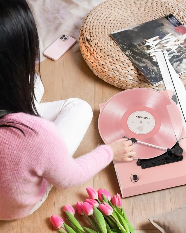 Alt view image 7 of 7 - Vinyl Record Player Stereo Turntable Bluetooth with Enhanced Speakers,USB Recording, Belt-Drive Vintage Portable 3-Speed Vinyl LP Player with RCA Output/Auto-Stop, Pink