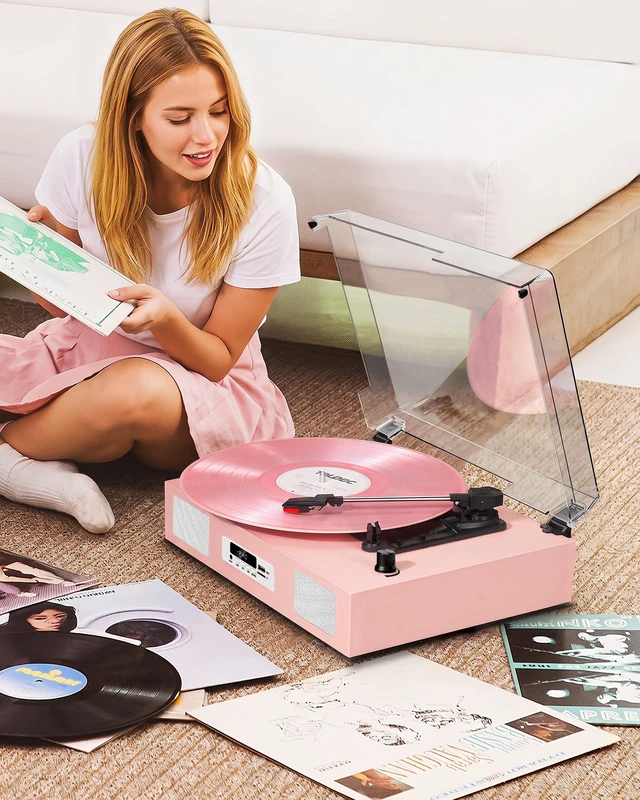 Alt view image 6 of 7 - Vinyl Record Player Stereo Turntable Bluetooth with Enhanced Speakers,USB Recording, Belt-Drive Vintage Portable 3-Speed Vinyl LP Player with RCA Output/Auto-Stop, Pink