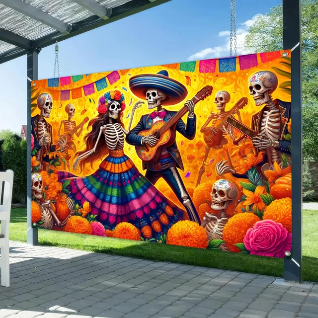 Alt view image 2 of 6 - Dia de Los Muertos Backdrop 71x43 in Sugar Skull Decor Day of the Dead Background and Sugar Skull Fiesta Banner for Fiesta, Photo Booth and Wall, Sugar Skull Design