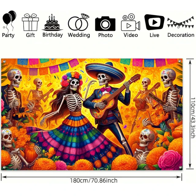 Alt view image 3 of 6 - Dia de Los Muertos Backdrop 71x43 in Sugar Skull Decor Day of the Dead Background and Sugar Skull Fiesta Banner for Fiesta, Photo Booth and Wall, Sugar Skull Design