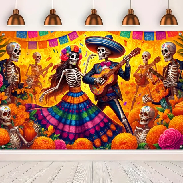 Alt view image 5 of 6 - Dia de Los Muertos Backdrop 71x43 in Sugar Skull Decor Day of the Dead Background and Sugar Skull Fiesta Banner for Fiesta, Photo Booth and Wall, Sugar Skull Design