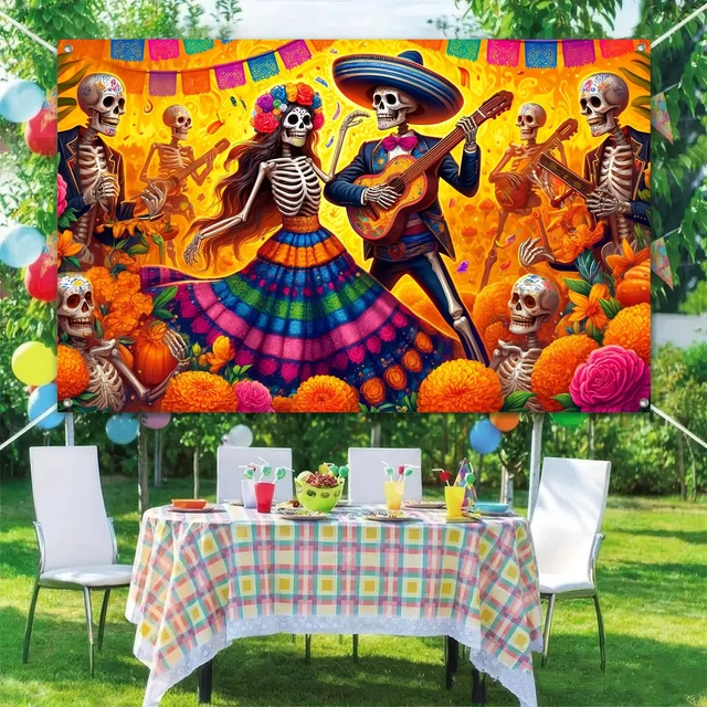 Alt view image 6 of 6 - Dia de Los Muertos Backdrop 71x43 in Sugar Skull Decor Day of the Dead Background and Sugar Skull Fiesta Banner for Fiesta, Photo Booth and Wall, Sugar Skull Design