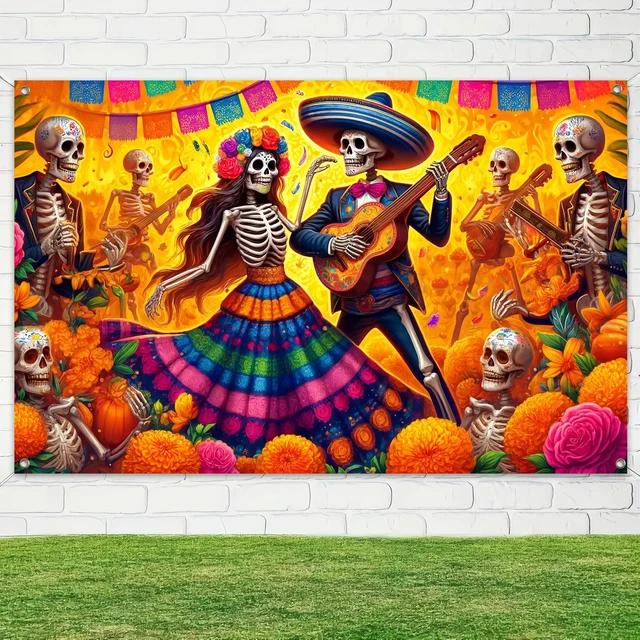 Alt view image 4 of 6 - Dia de Los Muertos Backdrop 71x43 in Sugar Skull Decor Day of the Dead Background and Sugar Skull Fiesta Banner for Fiesta, Photo Booth and Wall, Sugar Skull Design