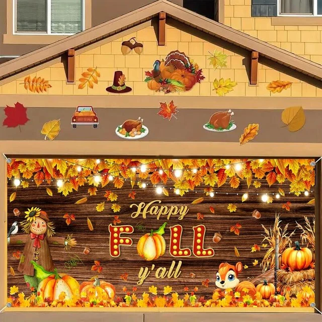 Alt view image 3 of 6 - Fall Pumpkin Garage Door Cover Decoration, Autumn Farm Maple Leaves Door Banner, Harvest Garage Backdrop for Thanksgiving Outdoor Indoor Party Wall Decor, Extra Large 16 X 7 Ft