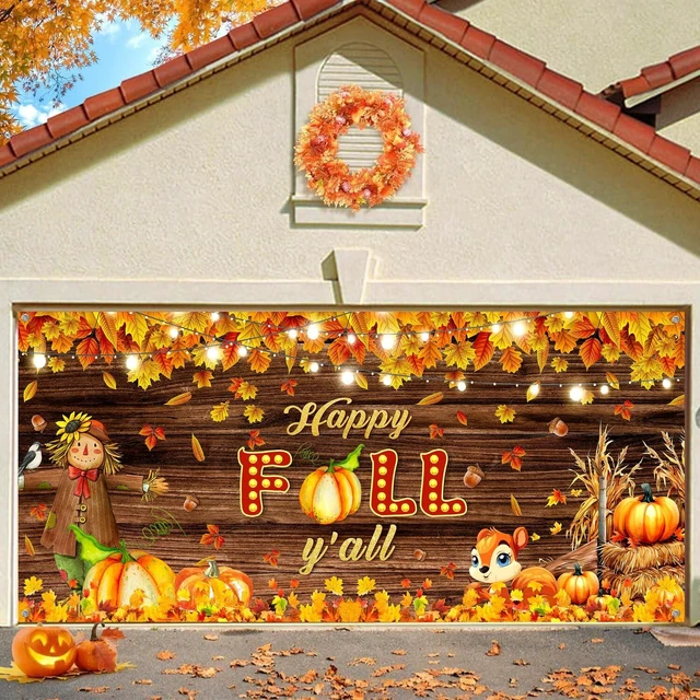 Alt view image 2 of 6 - Fall Pumpkin Garage Door Cover Decoration, Autumn Farm Maple Leaves Door Banner, Harvest Garage Backdrop for Thanksgiving Outdoor Indoor Party Wall Decor, Extra Large 16 X 7 Ft