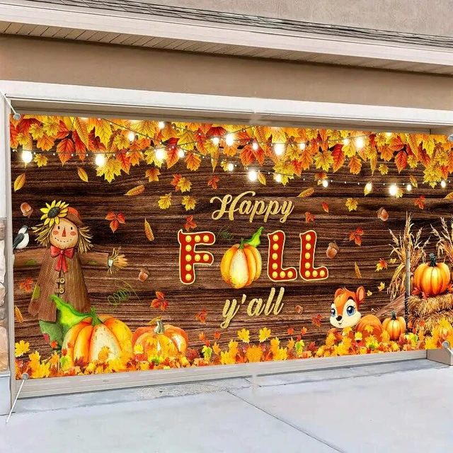 Alt view image 4 of 6 - Fall Pumpkin Garage Door Cover Decoration, Autumn Farm Maple Leaves Door Banner, Harvest Garage Backdrop for Thanksgiving Outdoor Indoor Party Wall Decor, Extra Large 16 X 7 Ft