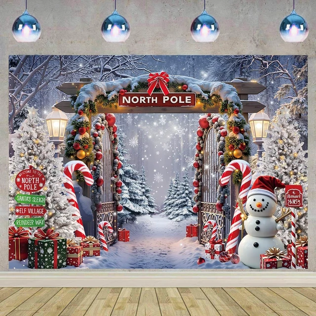 Alt view image 2 of 7 - North Pole Christmas Backdrop Winter Snowy Night Forest Landscape Backdrop 10x8ft Christmas Cane Candy Photography Background, Xmas New Year Eve Party Decoration Banner, Photos Props