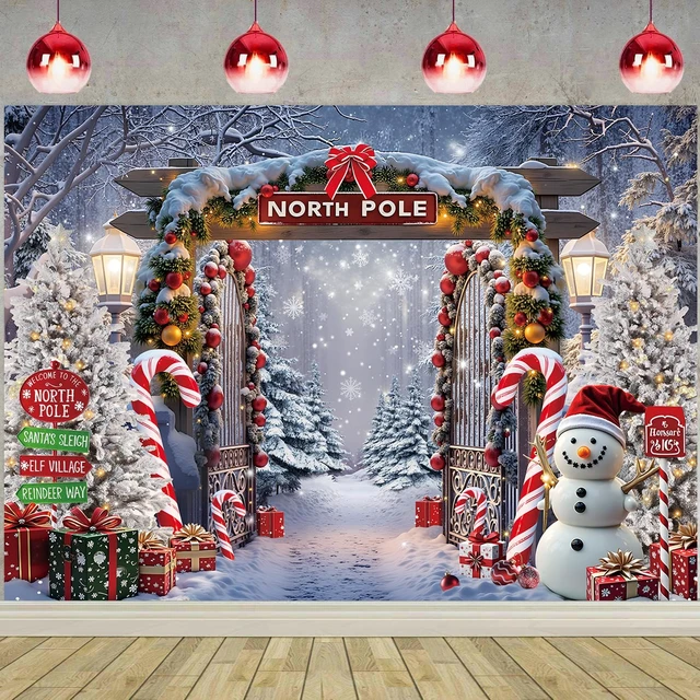 Alt view image 3 of 7 - North Pole Christmas Backdrop Winter Snowy Night Forest Landscape Backdrop 10x8ft Christmas Cane Candy Photography Background, Xmas New Year Eve Party Decoration Banner, Photos Props