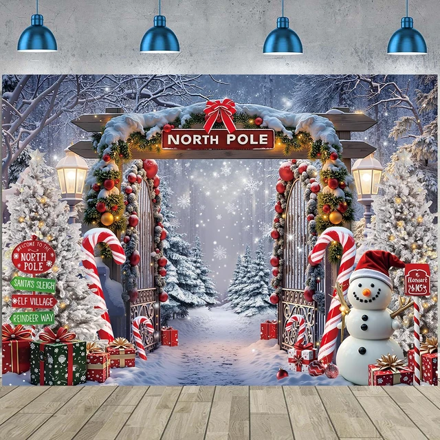 Alt view image 4 of 7 - North Pole Christmas Backdrop Winter Snowy Night Forest Landscape Backdrop 10x8ft Christmas Cane Candy Photography Background, Xmas New Year Eve Party Decoration Banner, Photos Props