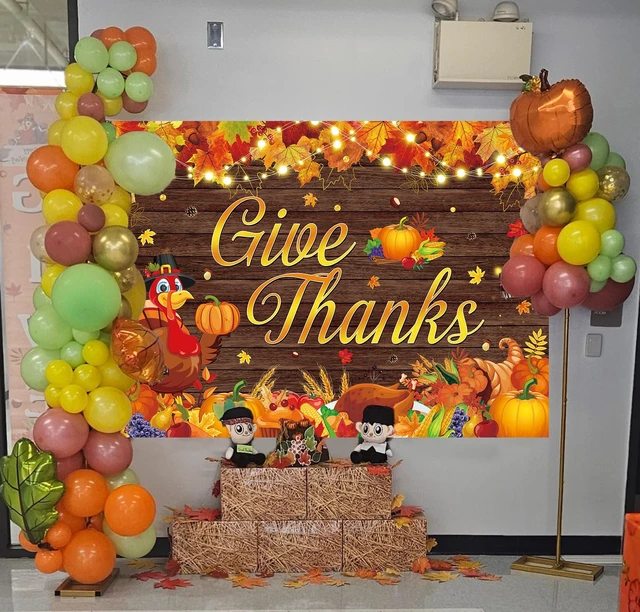 Alt view image 3 of 7 - Happy Thanksgiving Backdrop Give Thanks Fall Harvest Photography Background 8X6FT Give Thanks Banner, Maple Leaves Turkey Pumpkin Backdrop, Thanksgiving Friendsgiving Party Decorations, Photo Props