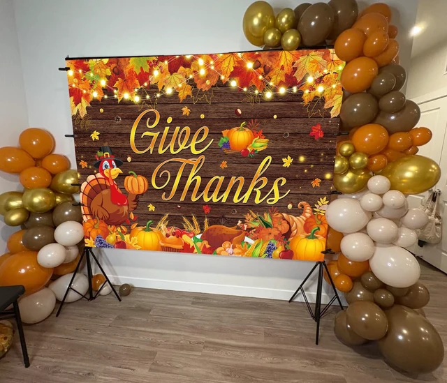 Alt view image 4 of 7 - Happy Thanksgiving Backdrop Give Thanks Fall Harvest Photography Background 8X6FT Give Thanks Banner, Maple Leaves Turkey Pumpkin Backdrop, Thanksgiving Friendsgiving Party Decorations, Photo Props