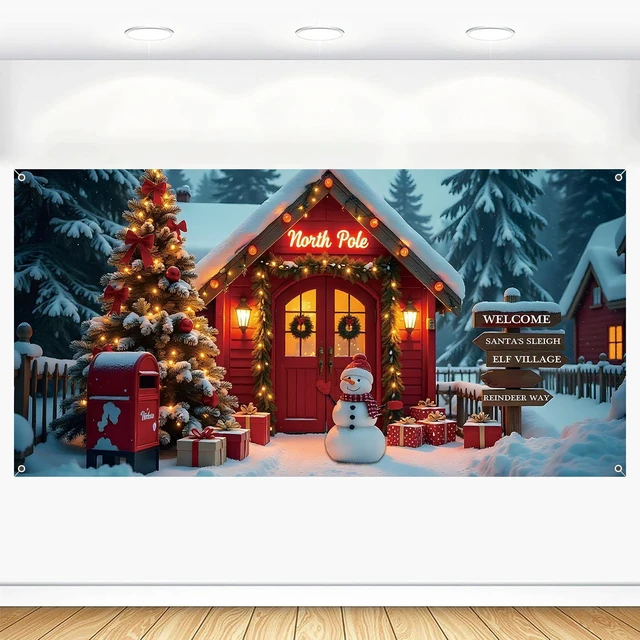 Main image of Christmas Backdrop 20x10ft Winter North Pole Forest Xmas Tree Santa Snowman Photography Background Large Holiday Party Banner Decorations Photo Booth Props Polyester Fabric