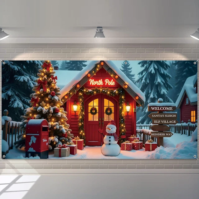 Alt view image 2 of 7 - Christmas Backdrop 20x10ft Winter North Pole Forest Xmas Tree Santa Snowman Photography Background Large Holiday Party Banner Decorations Photo Booth Props Polyester Fabric