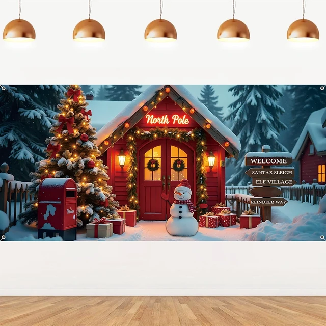 Alt view image 3 of 7 - Christmas Backdrop 20x10ft Winter North Pole Forest Xmas Tree Santa Snowman Photography Background Large Holiday Party Banner Decorations Photo Booth Props Polyester Fabric