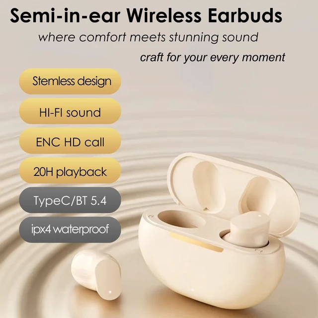 Alt view image 2 of 7 - Mini Semi-in-Ear Bluetooth 5.4 Earbuds- 20H Battery Life Wireless Headphones, Ultra-Compact Design with Clear Calls, Sweatproof for Running/Gym/TravelBeige