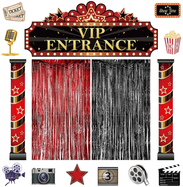 Main image of Movie Night Porch Sign Banner, Movie Night Party Decorations Casino Party Decorations with VIP Entrance Banner Foil Fringe Curtain & Cards for Home Theater Film Awards Red Carpet Events