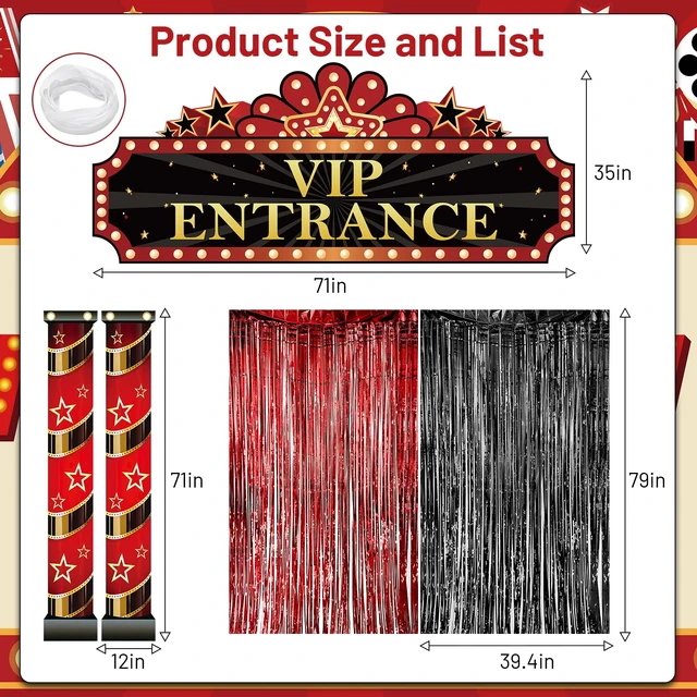 Alt view image 2 of 7 - Movie Night Porch Sign Banner, Movie Night Party Decorations Casino Party Decorations with VIP Entrance Banner Foil Fringe Curtain & Cards for Home Theater Film Awards Red Carpet Events