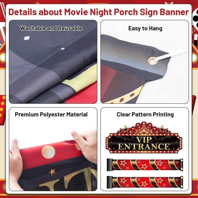 Alt view image 4 of 7 - Movie Night Porch Sign Banner, Movie Night Party Decorations Casino Party Decorations with VIP Entrance Banner Foil Fringe Curtain & Cards for Home Theater Film Awards Red Carpet Events