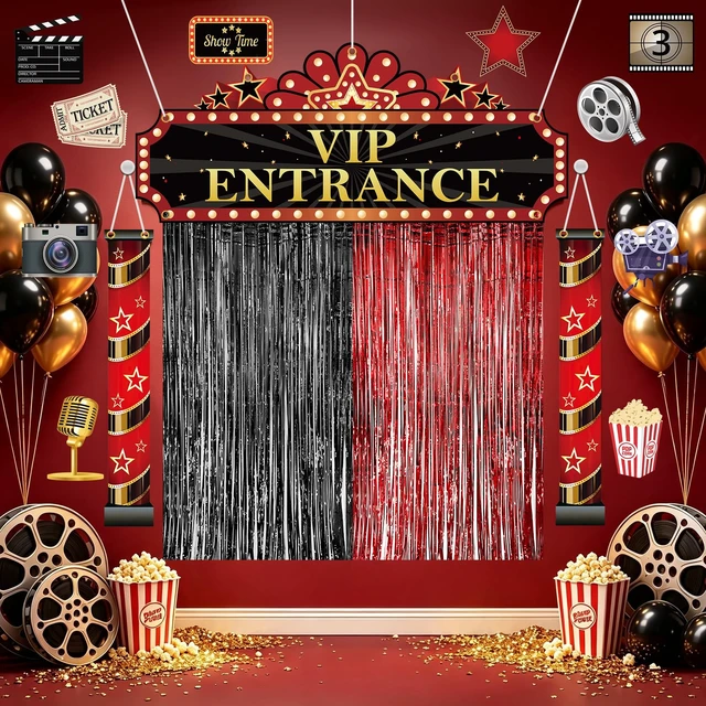 Alt view image 5 of 7 - Movie Night Porch Sign Banner, Movie Night Party Decorations Casino Party Decorations with VIP Entrance Banner Foil Fringe Curtain & Cards for Home Theater Film Awards Red Carpet Events