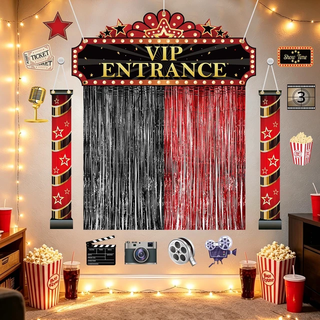 Alt view image 6 of 7 - Movie Night Porch Sign Banner, Movie Night Party Decorations Casino Party Decorations with VIP Entrance Banner Foil Fringe Curtain & Cards for Home Theater Film Awards Red Carpet Events