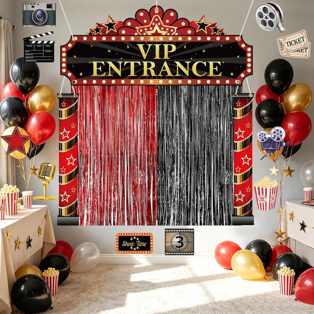 Alt view image 7 of 7 - Movie Night Porch Sign Banner, Movie Night Party Decorations Casino Party Decorations with VIP Entrance Banner Foil Fringe Curtain & Cards for Home Theater Film Awards Red Carpet Events