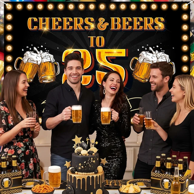 Alt view image 6 of 7 - Cheers and Beers to 25 years Banner Backdrop Happy 25th Birthday Background for Men Women Photography Bday Anniversary Party Sign Decorations Supplies, Pink
