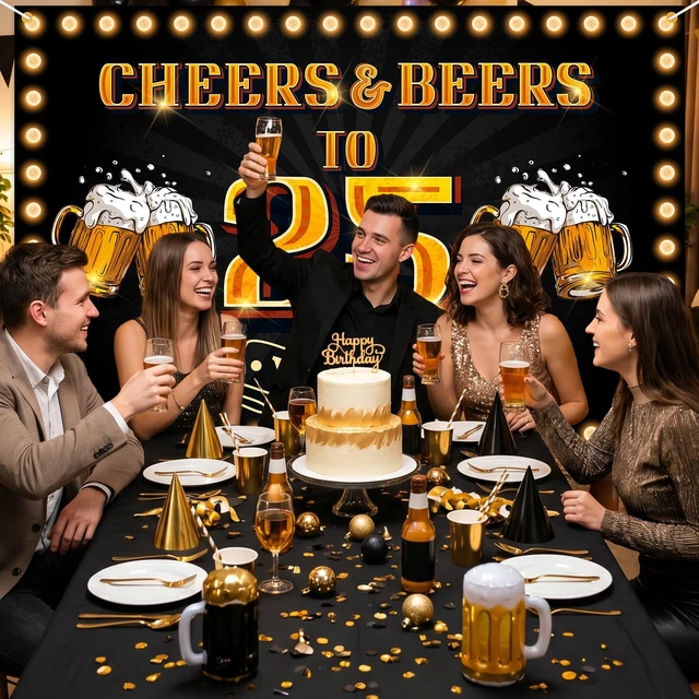 Alt view image 7 of 7 - Cheers and Beers to 25 years Banner Backdrop Happy 25th Birthday Background for Men Women Photography Bday Anniversary Party Sign Decorations Supplies, Pink