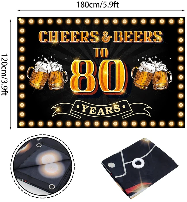 Alt view image 2 of 7 - Cheers and Beers to 80 Years Banner Backdrop Happy 80th Birthday Background for Men Women Photography Bday Anniversary Party Sign Decorations Supplies Black and Gold