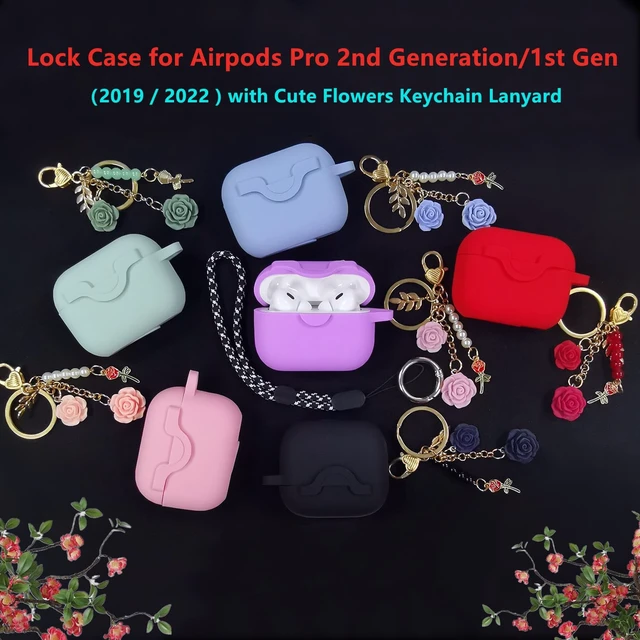 Alt view image 7 of 7 - Lock Case for Airpods Pro 2nd/1st Gen, Cute Flowers Keychain Lanyard, Silicone Protective Case Cover for Apple Airpods Pro 2/1st Gen, Wireless Charging Supported, Pink