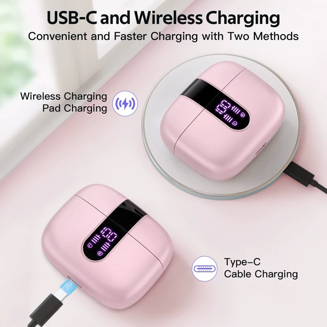 Alt view image 3 of 7 - 2 Sets X08 Pink and Black Bluetooth Headphones True Wireless Earbuds 60H Playback Ear Buds with Wireless Charging Case in-Ear Earbuds with Mic