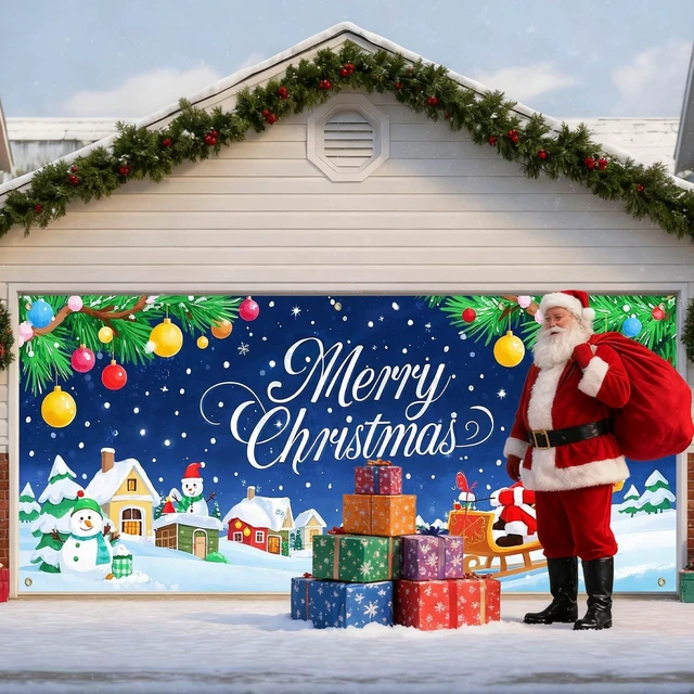 Alt view image 5 of 7 - Merry Christmas Garage Door Banner Decoration Santa Sleigh 13x6 ft Christmas Santa Sleigh Garage Door Banner Home Door Front Yard Backdrop Decor for Winter Xmas Holiday Outdoor