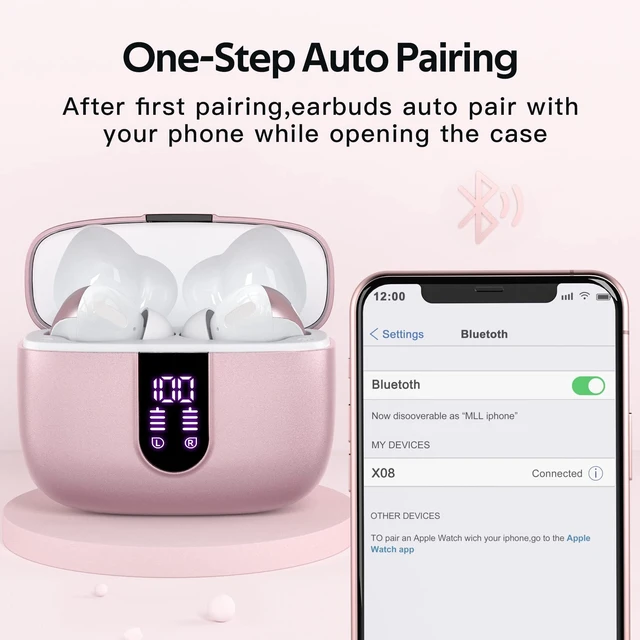 Alt view image 5 of 7 - 2 Sets X08 Pink and Black Bluetooth Headphones True Wireless Earbuds 60H Playback Ear Buds with Wireless Charging Case in-Ear Earbuds with Mic