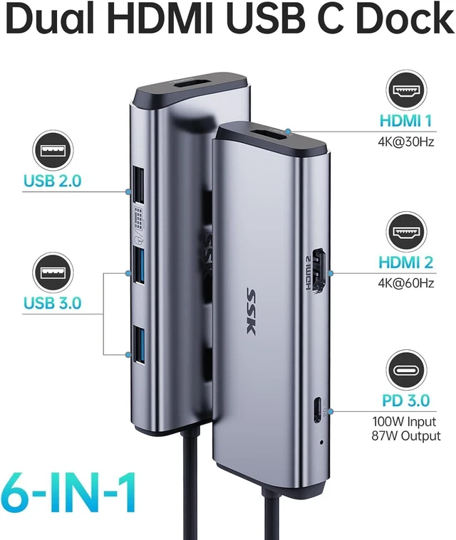 Alt view image 2 of 7 - 6 in 1 USB C Hub Dual Monitor,Universal USB C Dock