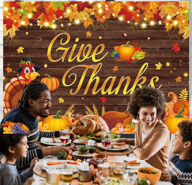Alt view image 2 of 7 - Happy Thanksgiving Backdrop Give Thanks Fall Harvest Photography Background 8X6FT Give Thanks Banner, Maple Leaves Turkey Pumpkin Backdrop, Thanksgiving Friendsgiving Party Decorations, Photo Props