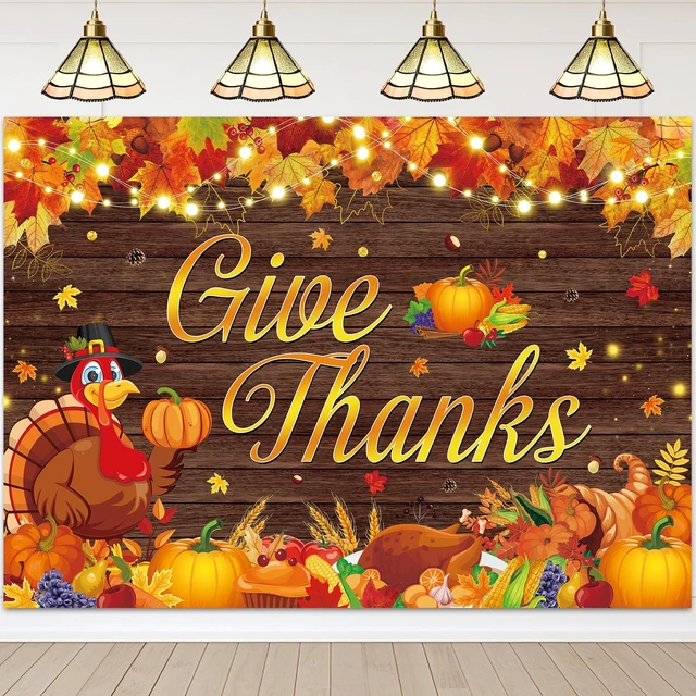Alt view image 5 of 7 - Happy Thanksgiving Backdrop Give Thanks Fall Harvest Photography Background 8X6FT Give Thanks Banner, Maple Leaves Turkey Pumpkin Backdrop, Thanksgiving Friendsgiving Party Decorations, Photo Props