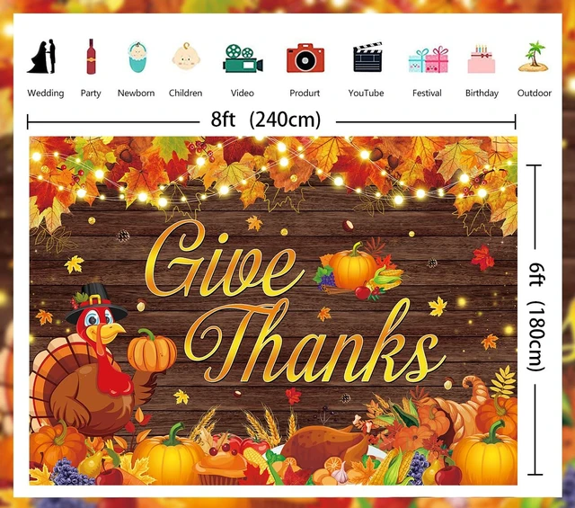 Alt view image 6 of 7 - Happy Thanksgiving Backdrop Give Thanks Fall Harvest Photography Background 8X6FT Give Thanks Banner, Maple Leaves Turkey Pumpkin Backdrop, Thanksgiving Friendsgiving Party Decorations, Photo Props