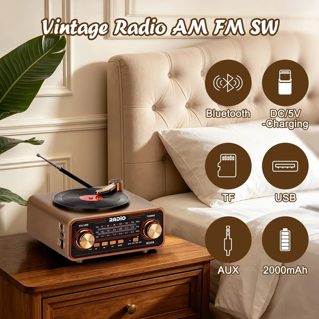 Alt view image 2 of 7 - Vintage Radio AM FM SW with Bluetooth/TF Card/USB Playback for Home, Office Retro Transistor Radio with Best Reception & Loud Speaker, AC Power & Rechargeable Battery Operated, Gift for Elder