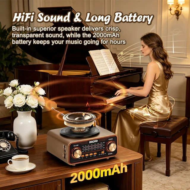 Alt view image 4 of 7 - Vintage Radio AM FM SW with Bluetooth/TF Card/USB Playback for Home, Office Retro Transistor Radio with Best Reception & Loud Speaker, AC Power & Rechargeable Battery Operated, Gift for Elder