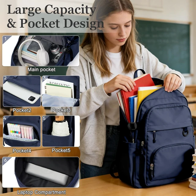 Alt view image 3 of 6 - College Backpack for Women Bookbag, High School Backpack for Students Girls Large Capacity School Backpack for Students, Cute Bookbag with Multiple Compartments, Waterproof Casual Daypack