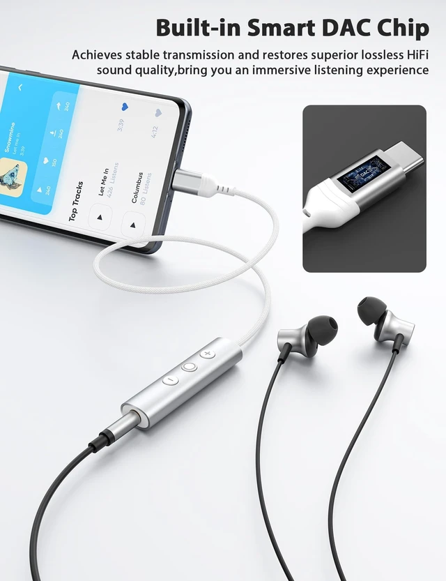 Alt view image 4 of 7 - USB C to 3.5mm Headphone Aux Jack Adapter Cable with in-Line Control Type C to 3.5mm Audio Converter AUX Dongle Braided Cable Type C Earbuds Adapter for Samsung S26 S25 Ultra S24 S23, White