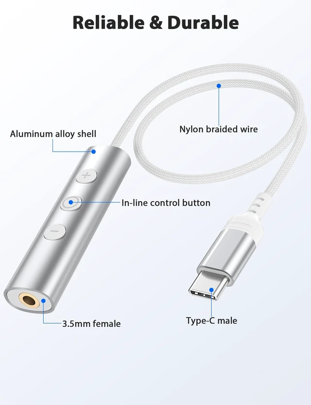 Alt view image 5 of 7 - USB C to 3.5mm Headphone Aux Jack Adapter Cable with in-Line Control Type C to 3.5mm Audio Converter AUX Dongle Braided Cable Type C Earbuds Adapter for Samsung S26 S25 Ultra S24 S23, White