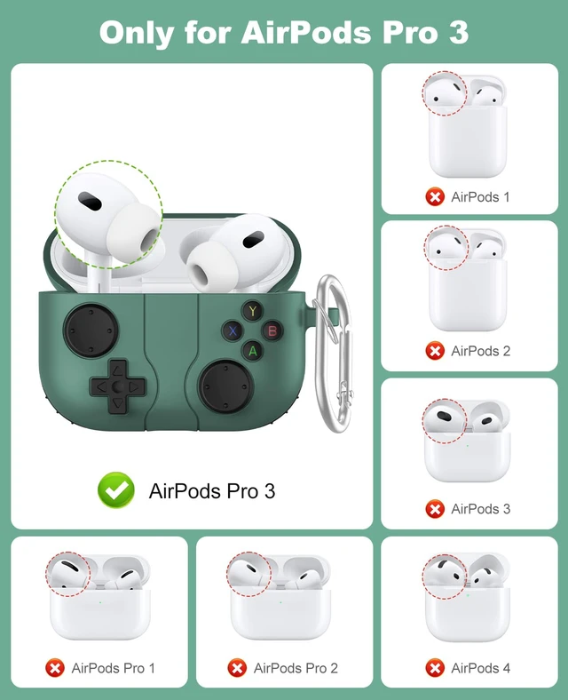 Alt view image 2 of 7 - Silicone Case for AirPods Pro 3 (2025), Green Classic Cool Game Console Design, Shock-Proof Soft Protective Cover for AirPod Pro 3rd Generation with Cleaning Kit