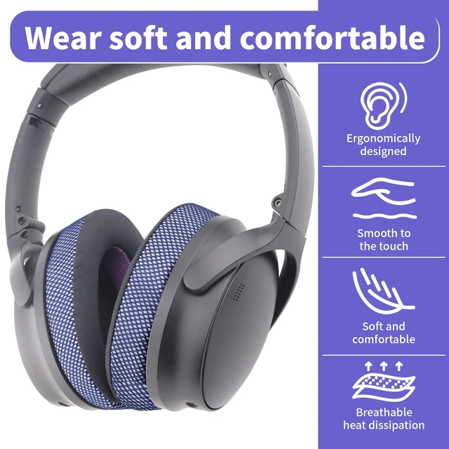 Alt view image 4 of 7 - Cooling Gel Ear Pads Cushions Replacement, Replacement Earpads Cushions for Bose QC25/QC35/QC45/AE2/ AE2i/AE2w/Headphones, Earpads Cushions with Ice Silk Fabric - Black/Purple