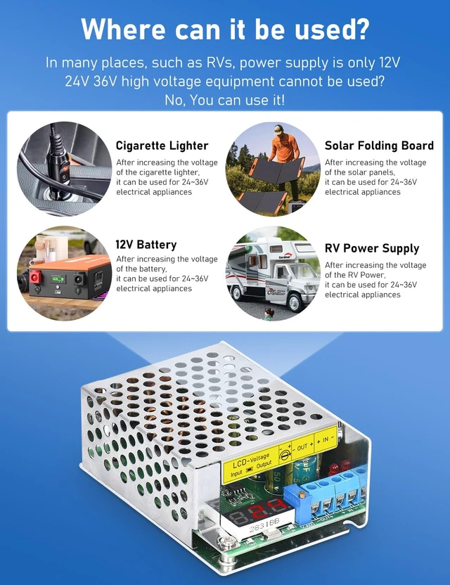 Alt view image 3 of 7 - 12V to 24V DC Step Up Converter, 12v to 36v 19v 15v 30v, Adjustable Voltage Regulator DC Boost Converter with Cigarette Lighter Plug