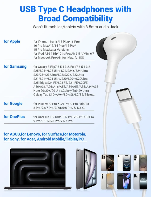 Alt view image 7 of 7 - USB C Wired Earbuds for iPhone 18 Pro Max 17 16 in-Ear Headphones with Mic Magnetic Noise Isolation Corded Type C Earphones for iPad A16/Galaxy S26 A57 A37 Z Fold8/Pixel 11/Chromebook School White
