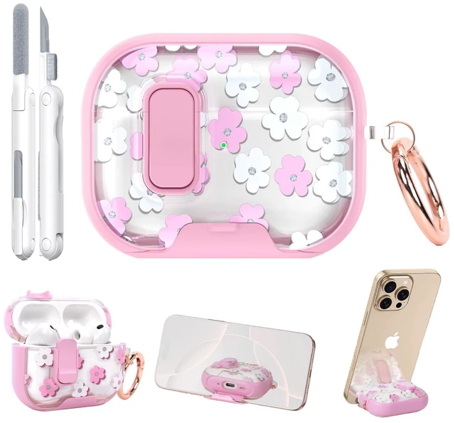Main image of for AirPods Pro 3 Case 2025 3rd Generation with Cleaner Kit,Pink Flowers Protective Cover with Lock/Stand Compatible with Apple New Air Podspro3,Cute Clear Headphone Case with Keychain Accessories